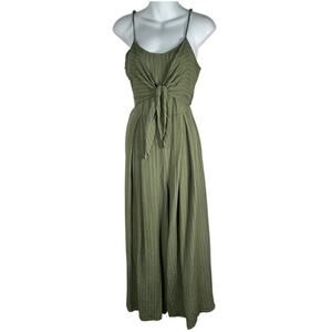Flying Tomato Olive Green White Pin Strip Tie-Front Jumpsuit Smock Back Medium